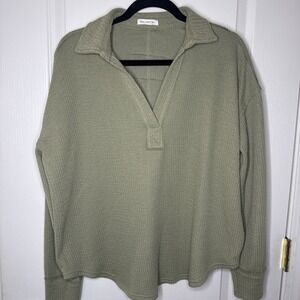 Blu Pepper Olive Green Collared Knit Pullover Top Size L Long Sleeve Boho